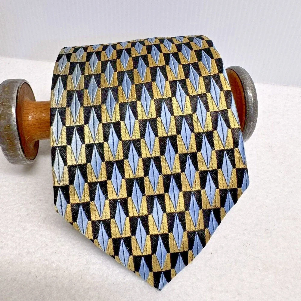 Brent Morgan Necktie Mens OS Gold Blue‎ Geometric Silk Formal Wedding Art Deco